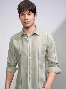 HIGHLANDER - Men Olive Polyester Blend Stripes Slim Fit Shirt