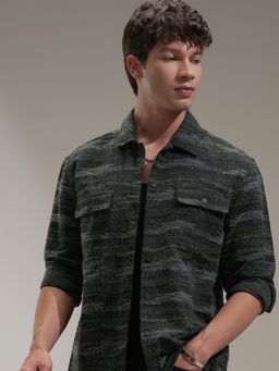 HIGHLANDER - Men Olive Polyester Blend Self Design Relaxed Fit Shirt