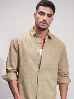 HIGHLANDER - Men Beige Cotton Textured Relaxed Fit Shirt