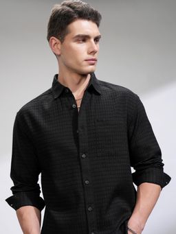 HIGHLANDER - Men Black Cotton Textured Relaxed Fit Shirt