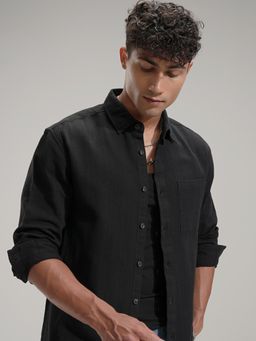HIGHLANDER - Men Black Cotton Self Design Relaxed Fit Shirt