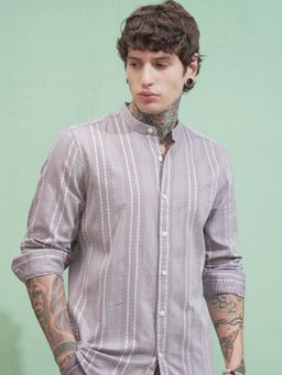 HIGHLANDER - Men Grey Cotton Stripes Slim Fit Shirt