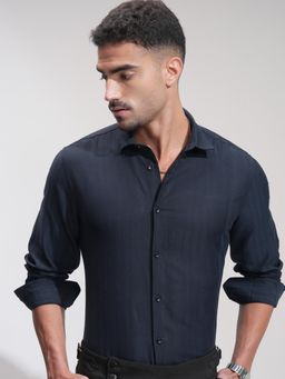 HIGHLANDER - Men Navy Blue Cotton Blend Self Design Slim Fit Formal Shirt