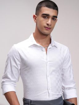 HIGHLANDER - Men White Cotton Self Design Slim Fit Formal Shirt