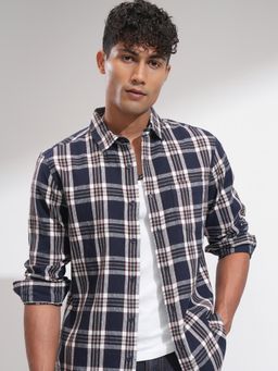 HIGHLANDER - Men Navy Blue Cotton Blend Checks Slim Fit Shirt