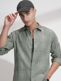 HIGHLANDER - Men Olive Cotton Checks Slim Fit Shirt