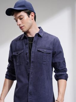 HIGHLANDER - Men Blue Cotton Solid Slim Fit Shirt