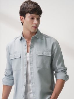 HIGHLANDER - Men Grey Cotton Textured Relaxed Fit Shirt