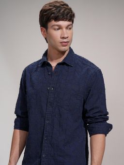 HIGHLANDER - Men Navy Blue Cotton Self Design Relaxed Fit Shirt