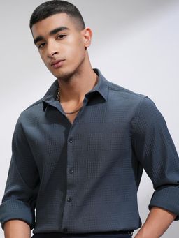 HIGHLANDER - Men Blue Cotton Blend Textured Slim Fit Shirt