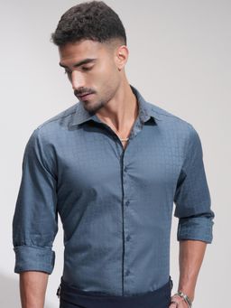 HIGHLANDER - Men Blue Cotton Self Design Slim Fit Shirt