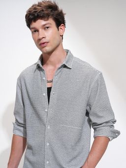 HIGHLANDER - Men Black Polyester Blend Stripes Relaxed Fit Shirt