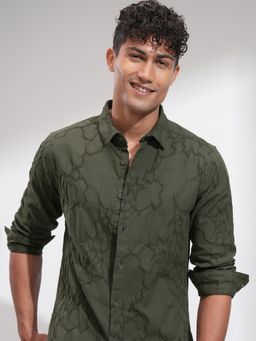 HIGHLANDER - Men Olive Cotton Blend Self Design Slim Fit Shirt
