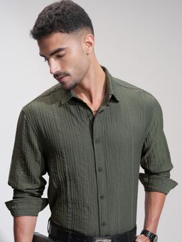 HIGHLANDER - Men Olive Nylon Textured Relaxed Fit Shirt