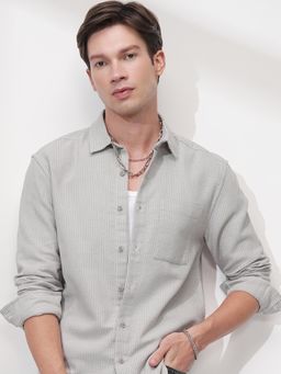 HIGHLANDER - Men Grey Cotton Blend Stripes Slim Fit Shirt