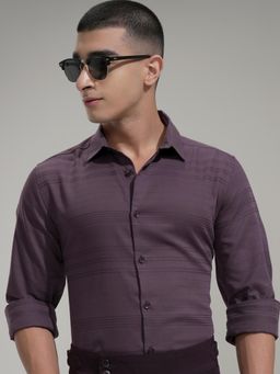 HIGHLANDER - Men Purple Cotton Blend Stripes Slim Fit Formal Shirt