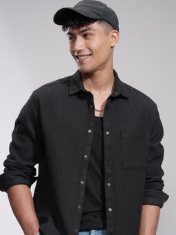 HIGHLANDER - Men Black Cotton Textured Relaxed Fit Shirt