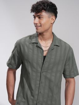 HIGHLANDER - Men Green Cotton Stripes Relaxed Fit Shirt