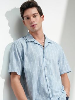 HIGHLANDER - Men Blue Cotton Stripes Relaxed Fit Shirt