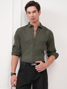 HIGHLANDER - Men Olive Rayon Textured Slim Fit Shirt