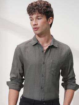 HIGHLANDER - Men Olive Cotton Textured Slim Fit Shirt