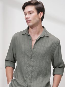 HIGHLANDER - Men Olive Polyester Blend Stripes Relaxed Fit Shirt