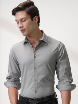 HIGHLANDER - Men Grey Polyester Blend Textured Slim Fit Shirt