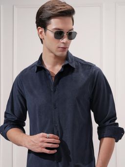 HIGHLANDER - Men Navy Blue Polyester Textured Slim Fit Shirt