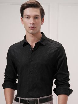 HIGHLANDER - Men Black Cotton Self Design Slim Fit Formal Shirt