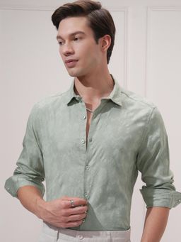 HIGHLANDER - Men Green Cotton Self Design Slim Fit Formal Shirt