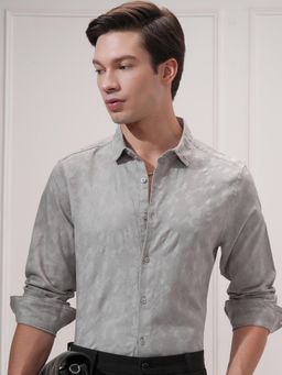HIGHLANDER - Men Grey Cotton Textured Slim Fit Formal Shirt