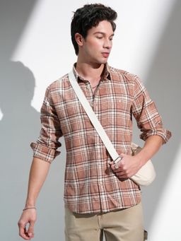 HIGHLANDER - Men Rust Cotton Blend Checks Slim Fit Shirt