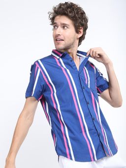 HIGHLANDER - Men Blue Cotton Stripes Slim Fit Shirt