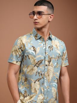 HIGHLANDER - Men Grey Cotton Floral Slim Fit Shirt