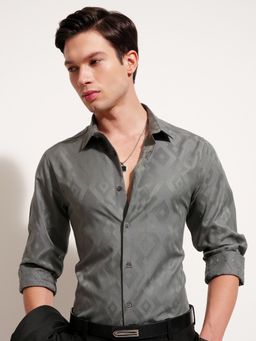 HIGHLANDER - Men Grey Cotton Blend Geometric Slim Fit Shirt