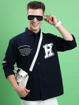 HIGHLANDER - Men Navy Blue Cotton Typography Relaxed Fit Shirt