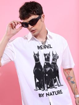 HIGHLANDER - Men White Cotton Printed Loose Fit Shirt