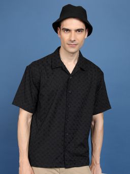 HIGHLANDER - Men Black Cotton Textured Loose Fit Shirt