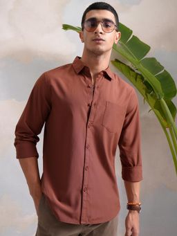 HIGHLANDER - Men Brown Polyester Blend Solid Slim Fit Shirt