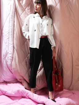 VERO MODA - White Bee Embroidered Full Sleeves Shirt