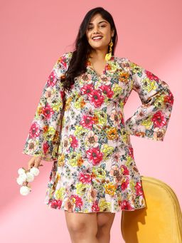 KASSUALLY - CURVE BY KASSUALLY Multi-Color Floral Print V-Neck Layer Mini Dress With Bell Sleeve