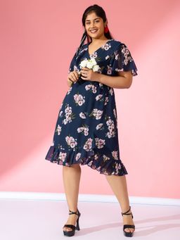 KASSUALLY - CURVE BY KASSUALLY Navy Blue Floral V-Neck Midi Dress