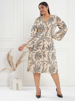 KASSUALLY - CURVE BY KASSUALLY Beige Front Knot Full Sleeves Midi Dress