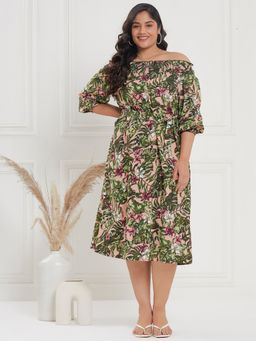 KASSUALLY - CURVE BY KASSUALLY Green Off Shoulder A-Line Midi Dress