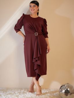 KASSUALLY - CURVE BY KASSUALLY Brown Front Ruffle Puff Sleeves Dress