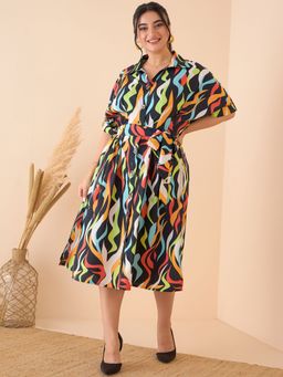 KASSUALLY - CURVE BY KASSUALLY Multi-Color Printed Midi Length Shirt Dress