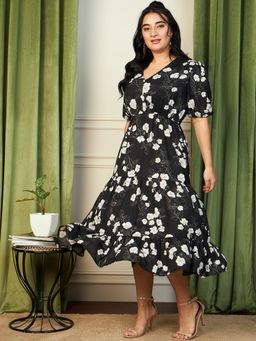 KASSUALLY - CURVE BY KASSUALLY Black Printed Midi Shirt Dress With Half Sleeves