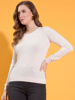 98 Degree North - Women Round Neck Self Design Full Sleeve Sweater-Off White