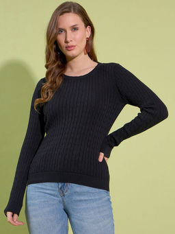 98 Degree North - Women Self Design Full Sleeve Sweater-Black