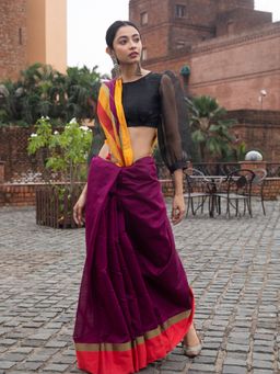 Beatitude - Magenta Blended Cotton Saree With Unstitched Blouse